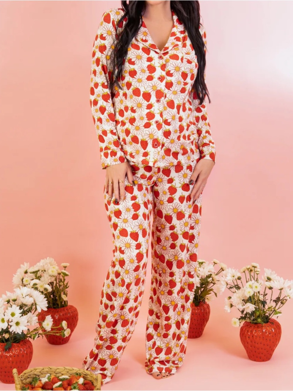 Snuggle & Slumber Berry Bliss bamboo pajama set long sleeve XS strawberry daisy